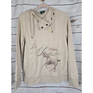 Ralph Lauren Jeans Horse Graphic Oatmeal Hoodie Top Sweatshirt L Womens NEW Y2K